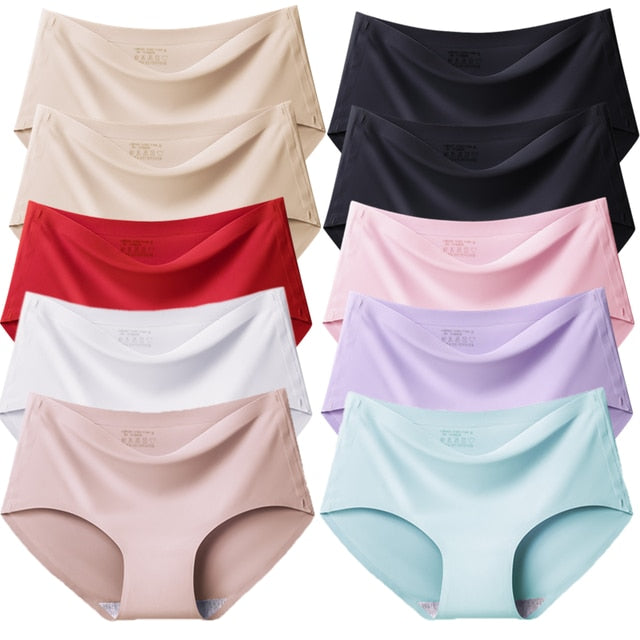 10PCS/Set Women Panties Solid Seamless Underwear Plus Size Comfortable Briefs Silk Satin Lingerie Health Underpants