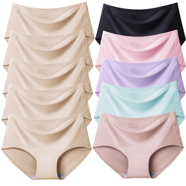 10PCS/Set Women Panties Solid Seamless Underwear Plus Size Comfortable Briefs Silk Satin Lingerie Health Underpants