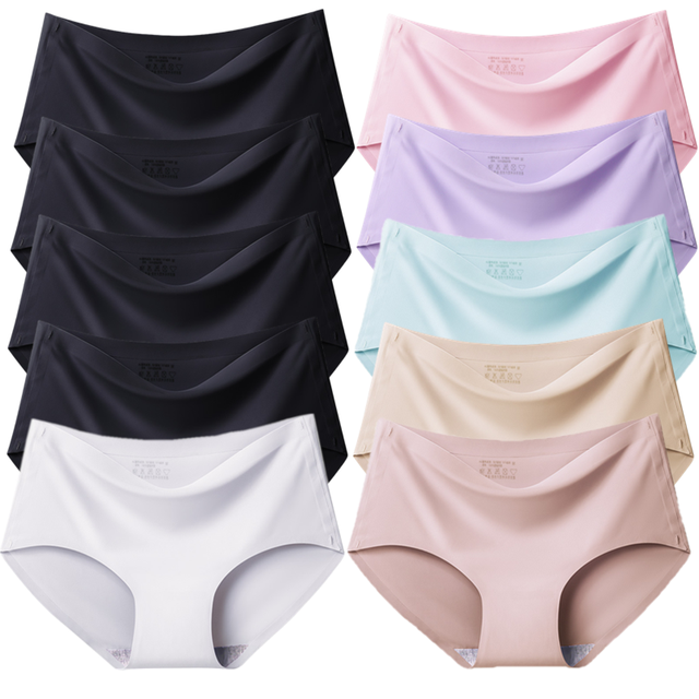 10PCS/Set Women Panties Solid Seamless Underwear Plus Size Comfortable Briefs Silk Satin Lingerie Health Underpants