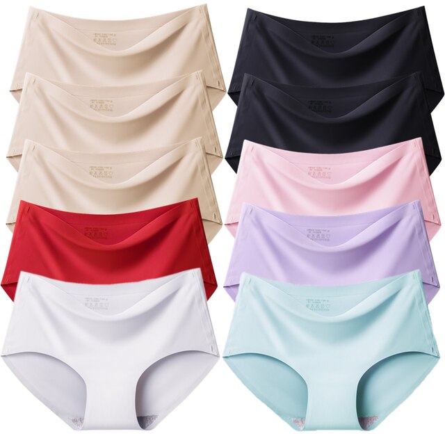 10PCS/Set Women Panties Solid Seamless Underwear Plus Size Comfortable Briefs Silk Satin Lingerie Health Underpants