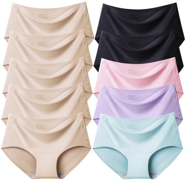 10PCS/Set Women Panties Solid Seamless Underwear Plus Size Comfortable Briefs Silk Satin Lingerie Health Underpants