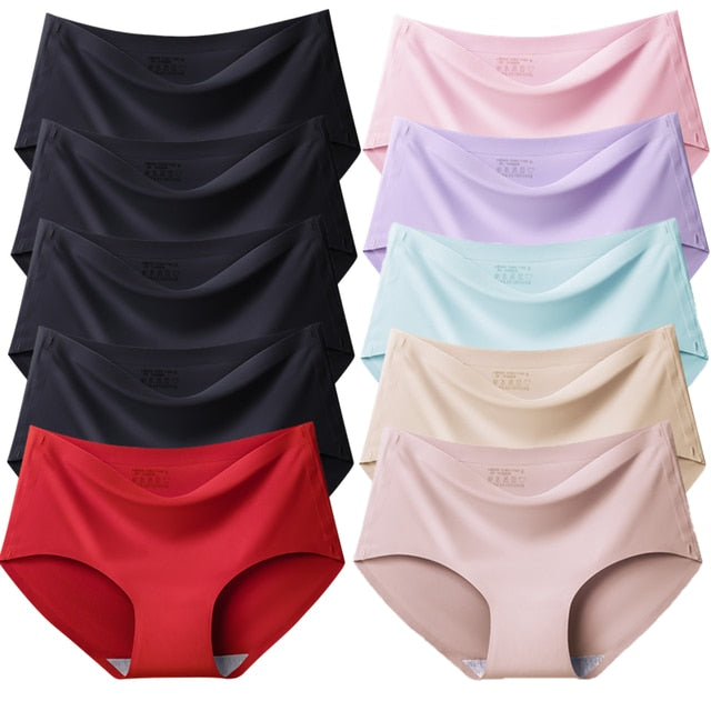 10PCS/Set Women Panties Solid Seamless Underwear Plus Size Comfortable Briefs Silk Satin Lingerie Health Underpants