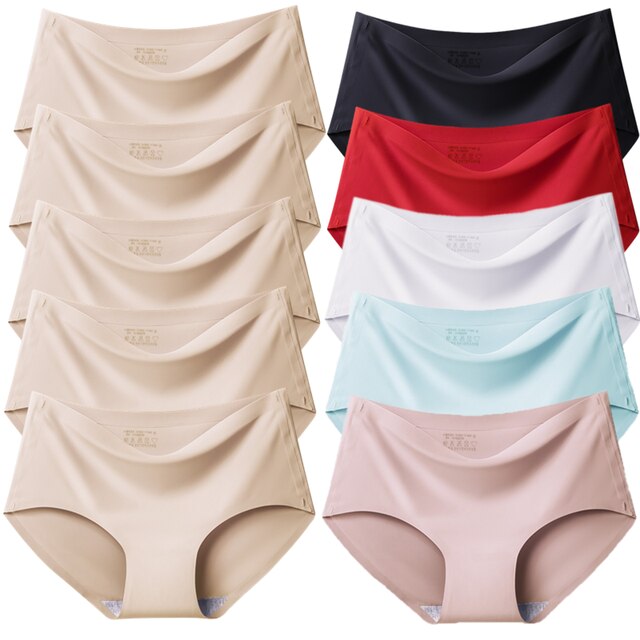 10PCS/Set Women Panties Solid Seamless Underwear Plus Size Comfortable Briefs Silk Satin Lingerie Health Underpants