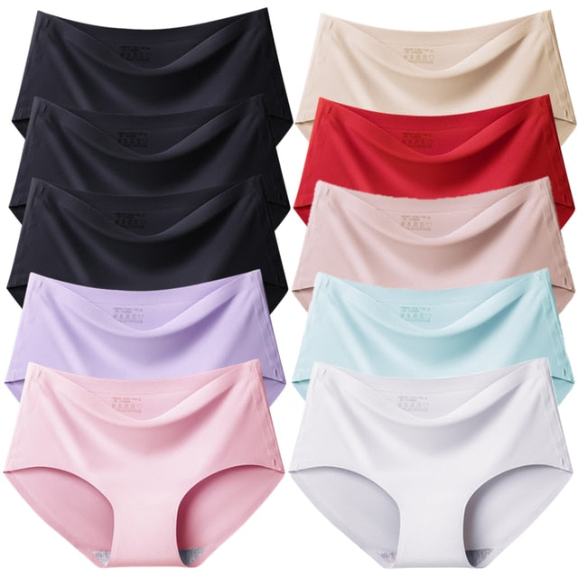 10PCS/Set Women Panties Solid Seamless Underwear Plus Size Comfortable Briefs Silk Satin Lingerie Health Underpants