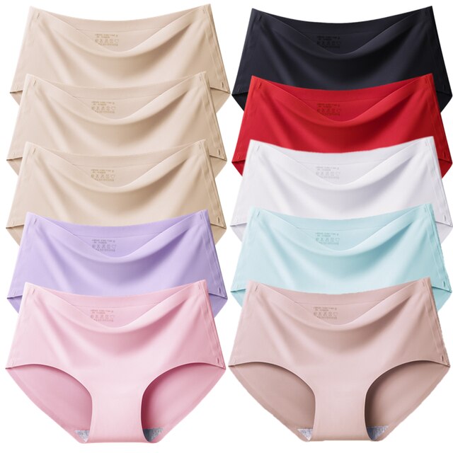 10PCS/Set Women Panties Solid Seamless Underwear Plus Size Comfortable Briefs Silk Satin Lingerie Health Underpants