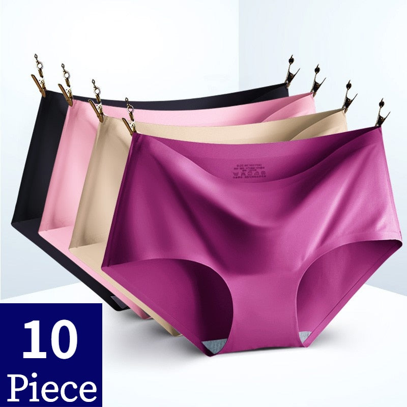 10PCS/Set Women Panties Solid Seamless Underwear Plus Size Comfortable Briefs Silk Satin Lingerie Health Underpants