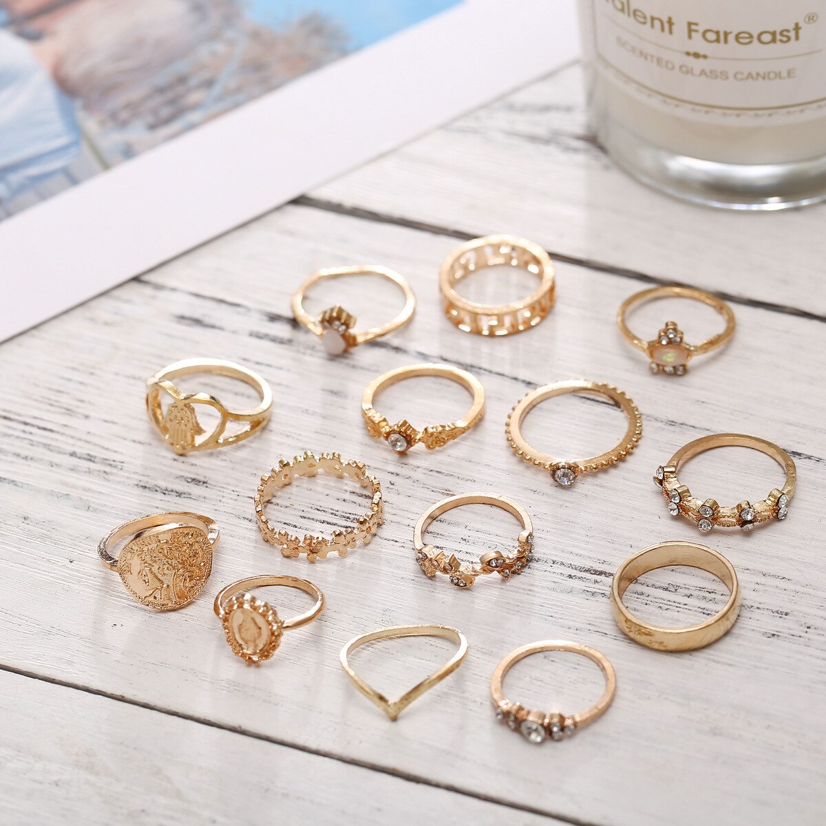 15 Pcs/set Vintage Hearts Fatima Hands Cross Crown Fashion Ring