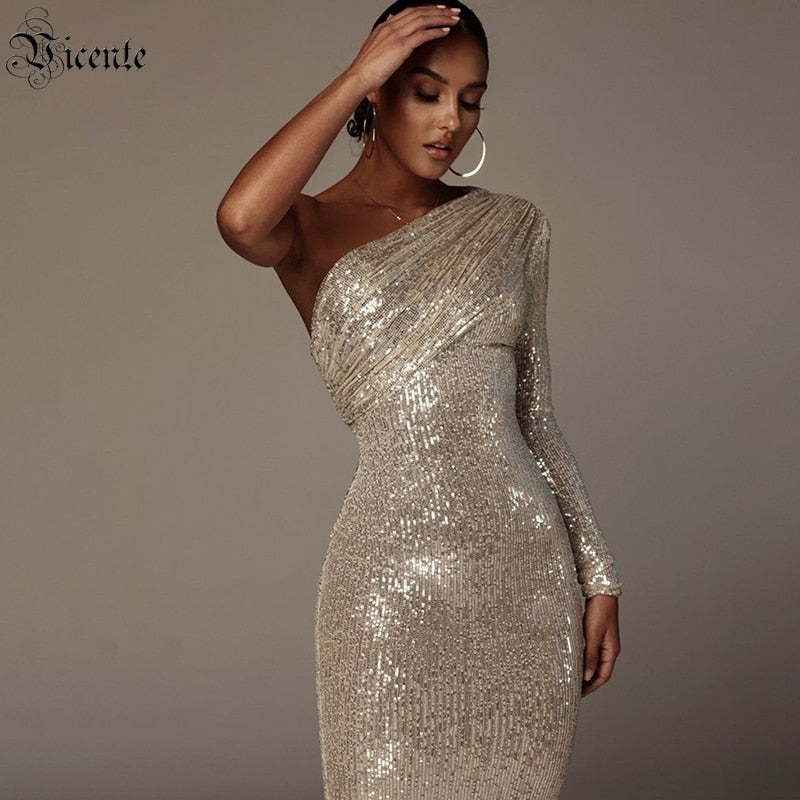 Classy One Shoulder Shiny Dress